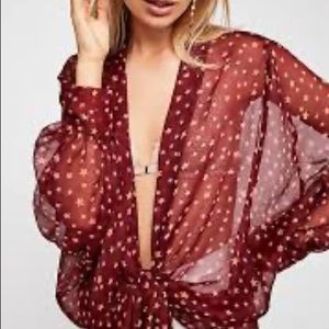 Free People Star Dazed Tie Front Kimono, OS Maroon